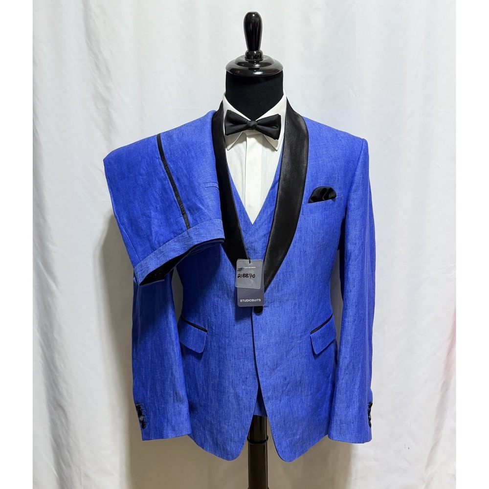 StudioSuits BESPOKE 3 Piece Tuxedo Linen Suit 44L 34x31 Vest Satin Stripe Shawl